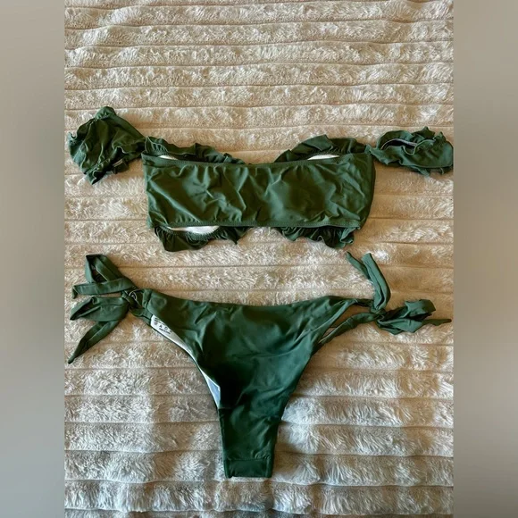SHEIN New Sage Olive Green Ruffled Tie Bikini Set Off Shoulder - Picture 2 of 5